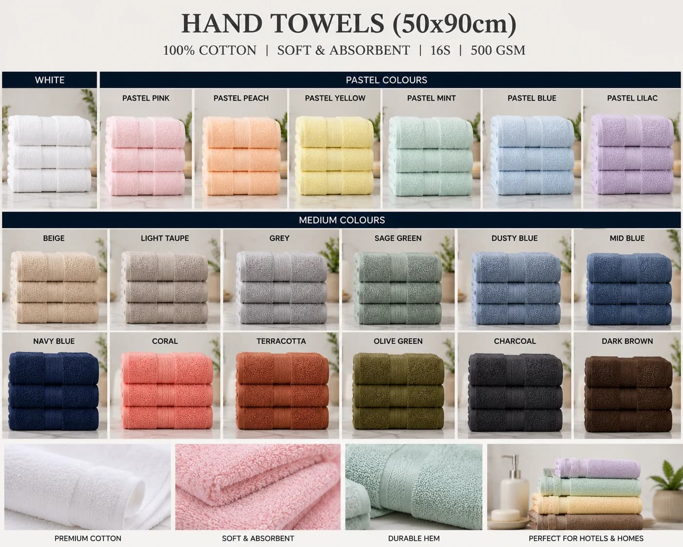 500 GSM hotel hand towel colour and specification chart