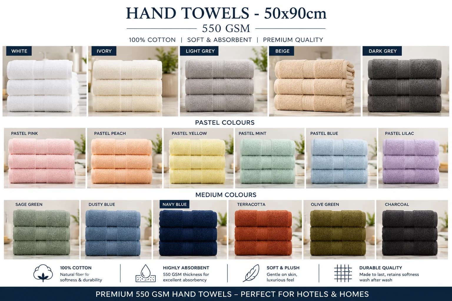 550 GSM hotel hand towel colour and specification chart