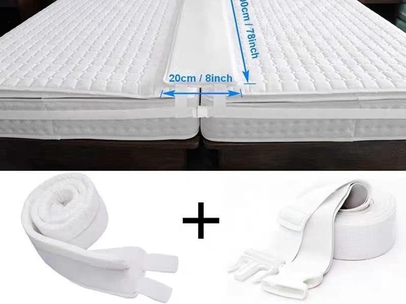 Bed connector and mattress wedge joining two hotel beds