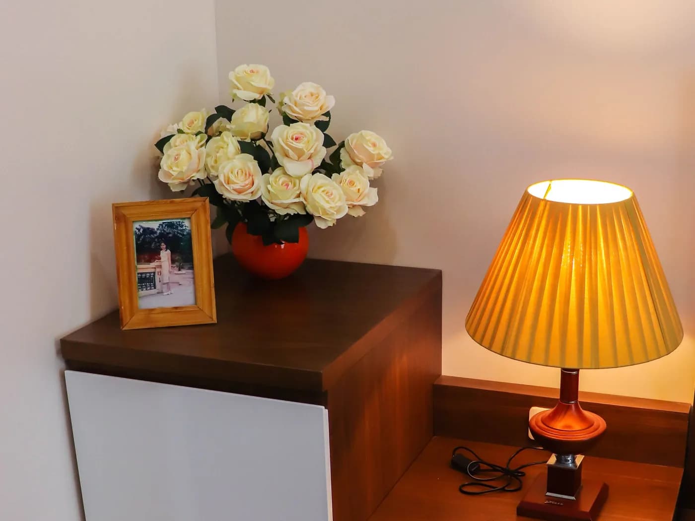 Wooden hotel bedside table and guest-room storage cabinet
