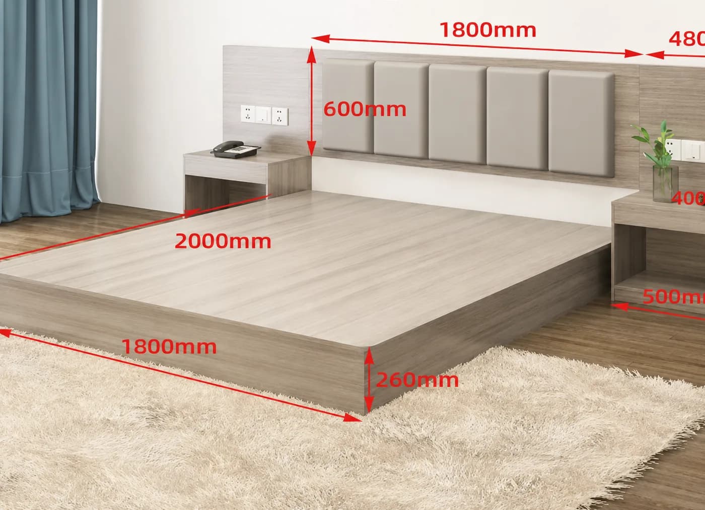 Wooden double queen and king hotel bed with upholstered headboard