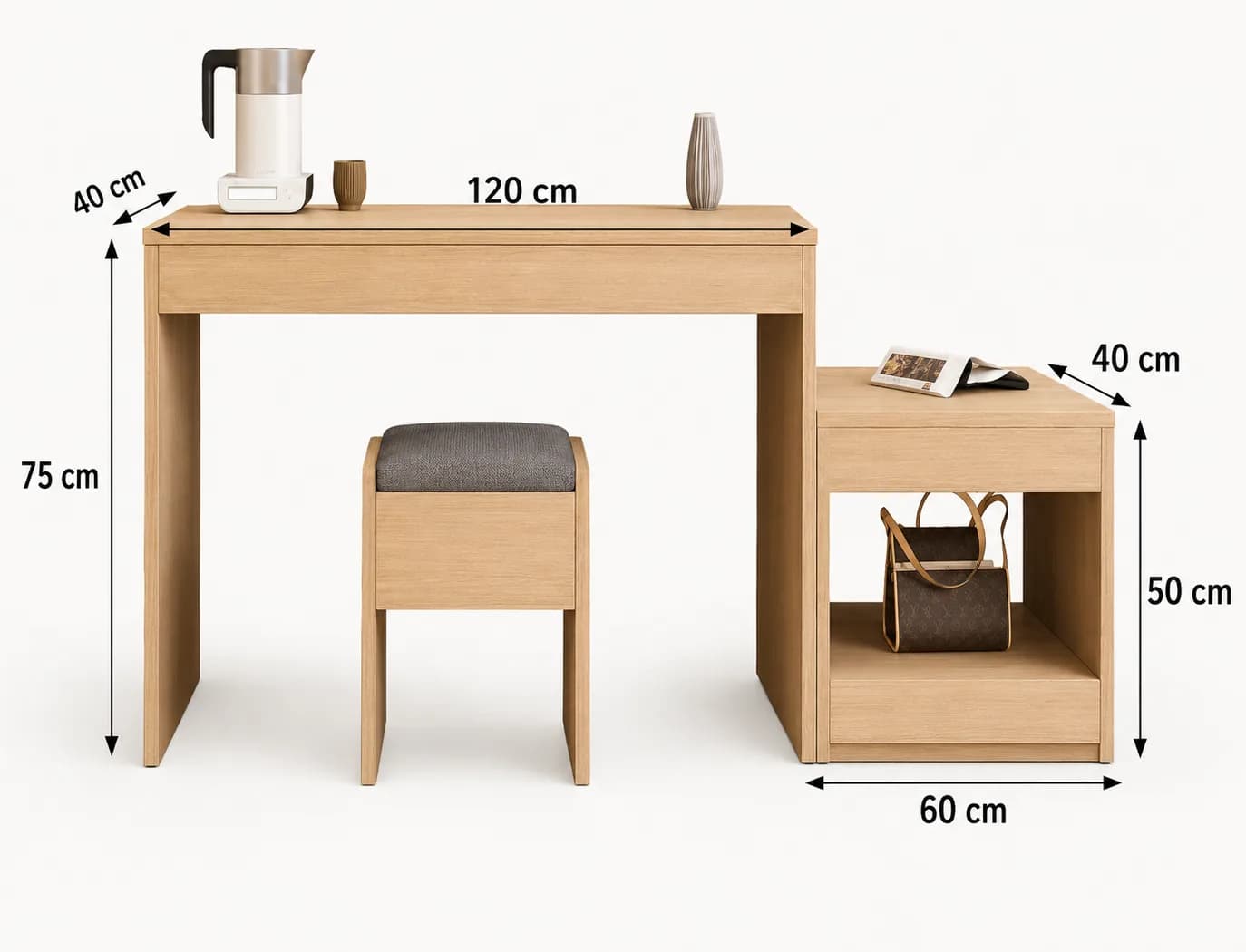 Hotel writing desk tea station side unit and matching stool with measurements