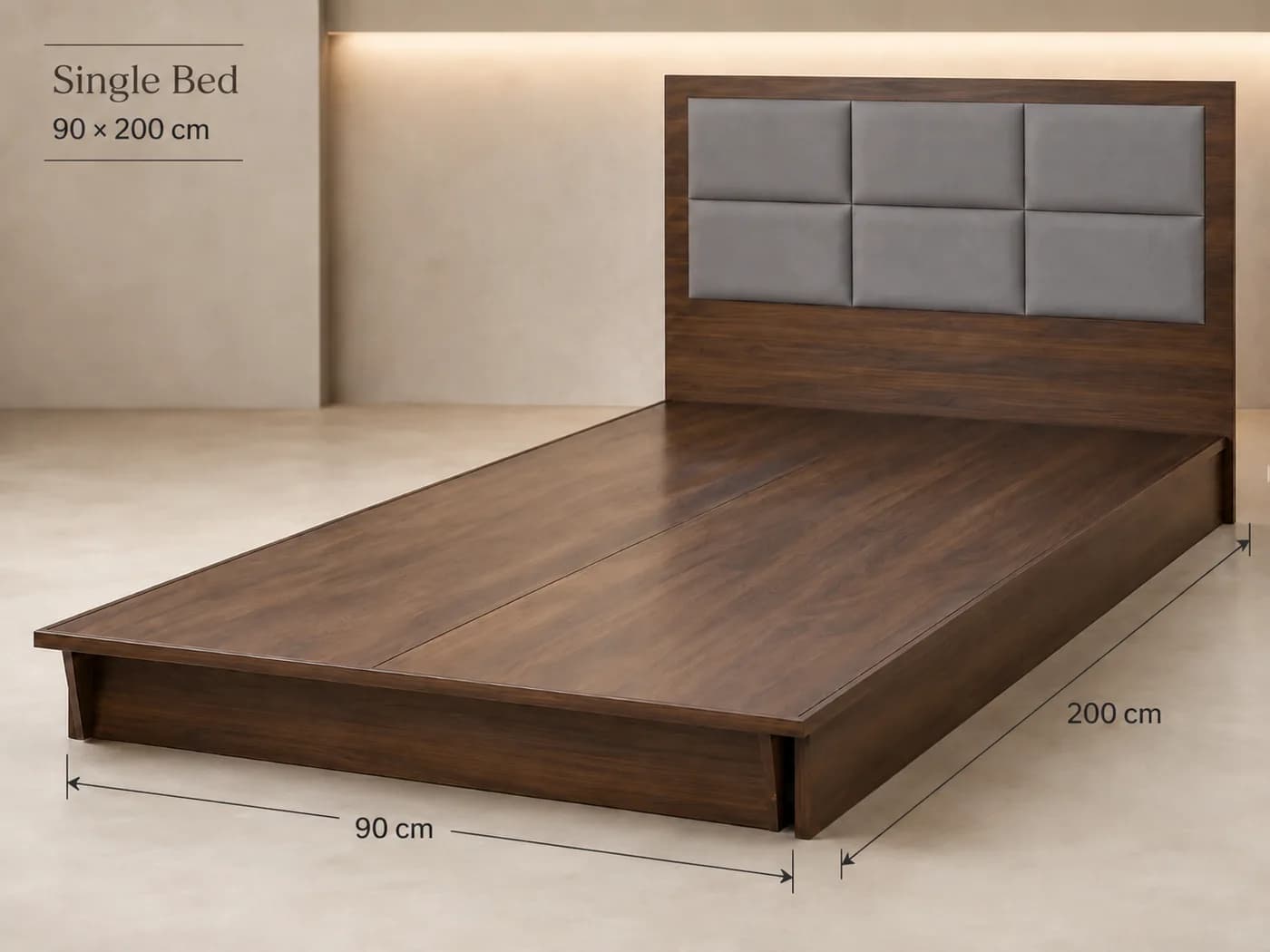 Single wooden hotel bed with upholstered headboard measuring 90 by 200 centimetres