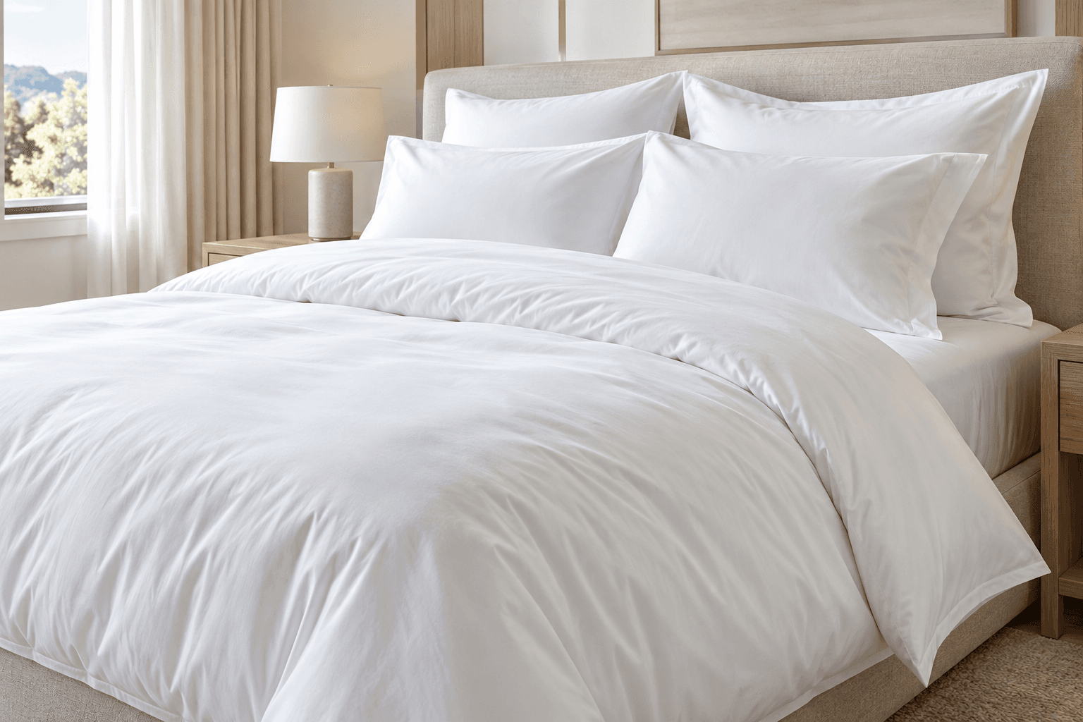 Fresh white bedding with softly layered sheets and pillows
